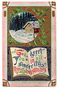 antiikkinen joulukortti mökki ja kuutamo